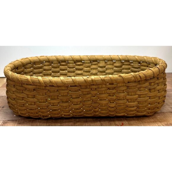 VTG Nantucket Basket Large Oval Hand Painted Folk Village Scene Wood Bottom - Picture 3 of 6